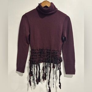 ANNA RACHELE 100% Wool Burgundy Art to Wear Boho Turtle Neck Sweater Size S